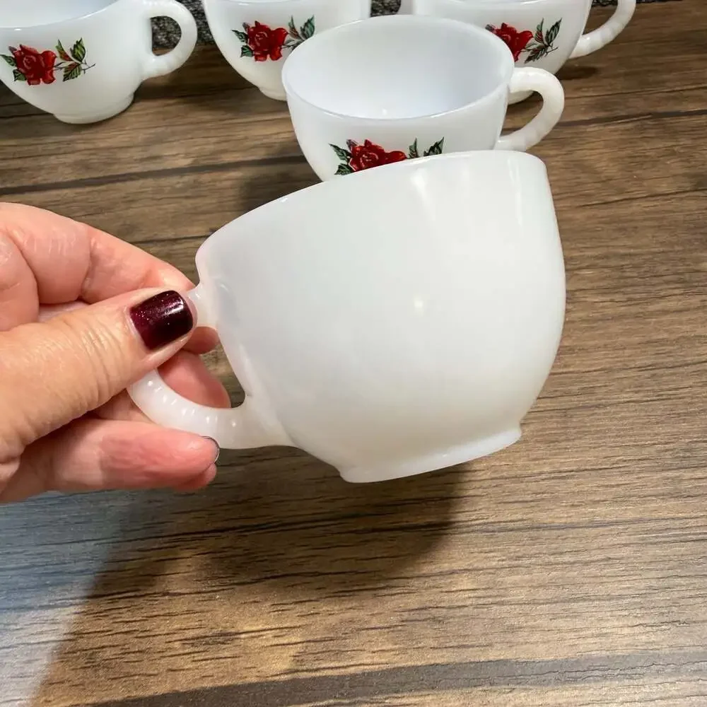 Vintage Rosecrest Federal Milk Glass Cups Red Rose Pattern Set of 5